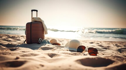 A suitcase and beach accessories rest on the sandy shore under a bright, sunny coastal vista.