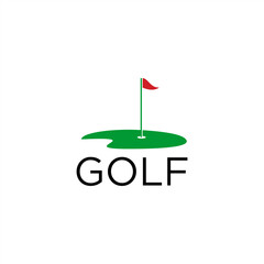 golf course logo with red flag and green grass for club golfer brand .hole golf icon