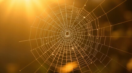 Obraz premium Glowing golden spiderweb with droplets reflects light in a morning nature scene, beautiful.