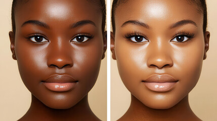 Close-up comparison of a young Black woman with varying skin tones and radiant makeup highlighting beauty diversity on a beige background