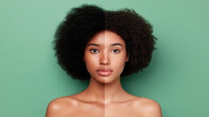 Close-up portrait of a young Black woman with afro hair split to reveal variations in skin tone and texture against a green background