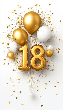 Golden Number 18 Balloons With Festive Confetti, Perfect For 18th Birthday Celebrations