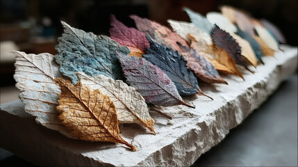 Colorful Dried Leaves Displayed on Stone Surface for Natural Decor