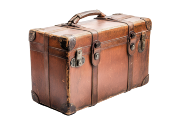 Well-preserved, aged leather trunk, oriented sideways, showcasing its robust and historical design.