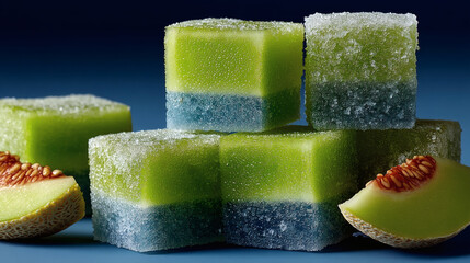 Colorful Fruit-Flavored Candy Cubes Stacked on Dark Blue Background
