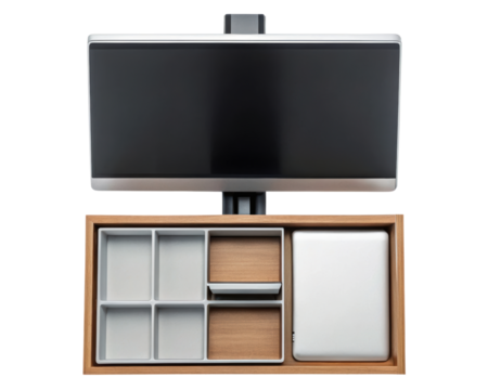 Modern desk organizer with integrated monitor stand on a transparent background