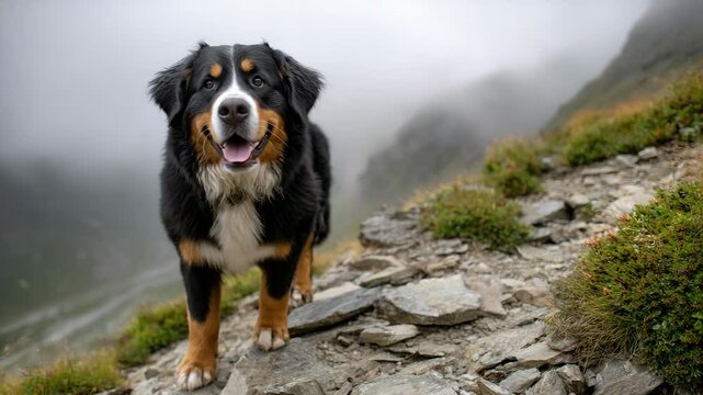 A joyful Bernese Mountain Dog stands on rocky terrain, surrounded by lush greenery and misty mountains, showcasing the beauty of nature and the bond between pets and the outdoors.
