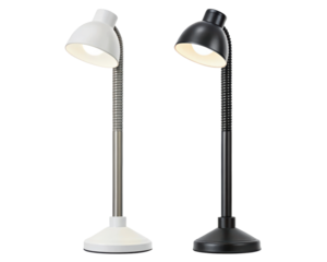 Adjustable desk lamps with flexible necks in black and white on a transparent background