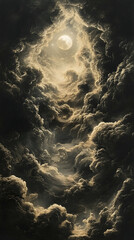 Obraz premium A majestic moon pierces dark, textured clouds, creating a dramatic, ethereal scene