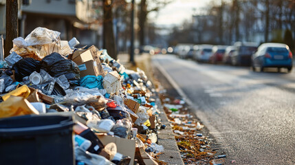Garbage pile with plastic bags and cardboard boxes overflowing on roadside, creating unpleasant urban scene