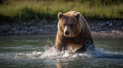 Obraz premium Grizzly Bear Emerging from Water, Wild and Free