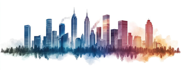 Obraz premium Watercolor cityscape panorama. A vibrant, colorful cityscape, rendered in a watercolor style, with numerous high-rise buildings of varying hues and shapes. 