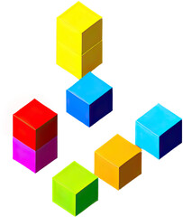 Obraz premium A playful arrangement of brightly colored cubes against a black background creates dynamic shapes.