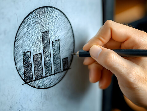 Hand sketching a bar chart inside a circle on a whiteboard  The chart shows varying bar heights indicating data fluctu
