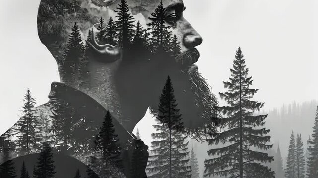 Silhouette transformation through nature: man's profile blends with forest landscape