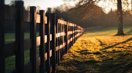 Obraz premium Modern UPVC fence with horizontal slats lining residential walkway, sunlight casting shadows