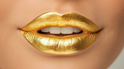 Smiling lips with golden reflection closeup showing shiny metallic makeup on smooth skin