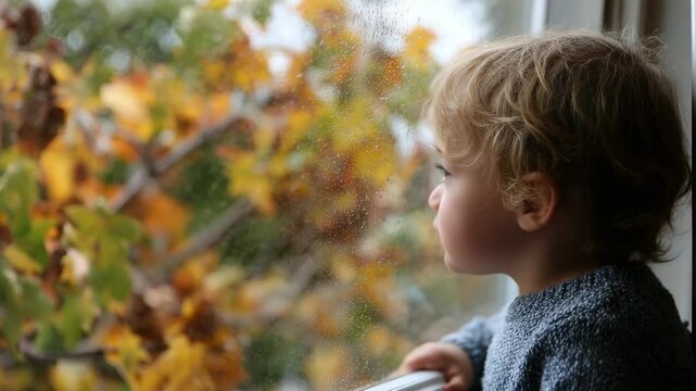 A young child with curly hair gazes thoughtfully out the window as autumn leaves fall, capturing a moment of reflection, innocence, and the beauty of changing seasons.