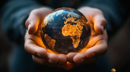 Fototapeta premium A pair of hands hold a glowing globe on a black background. The globe is lit from within, making the map of Thailand stand out, and the hands seem to emit light and energy, conveying the theme of cari