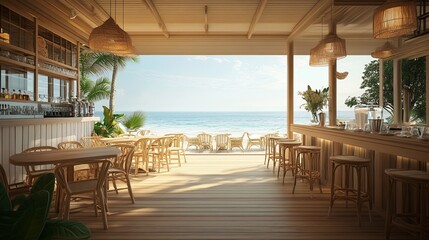 Beach cafe with wooden floors, soft lighting, and views of the calm ocean..