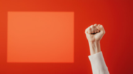 Victory fist raised in front of bright red background, symbolizing strength and determination with white sleeve visible