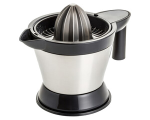 Electric citrus juicer with ergonomic design and spout on a transparent background