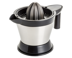 Electric citrus juicer with ergonomic design and spout on a transparent background