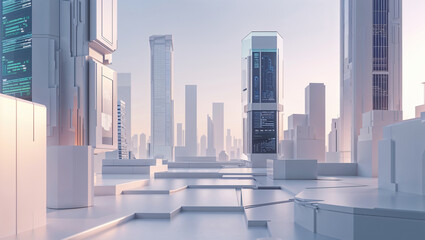 Futuristic white cityscape with skyscrapers and geometric architectural details background image