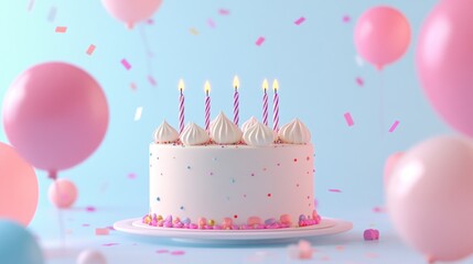 Festive birthday cake with balloons and confetti