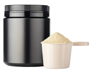 Black protein powder container with measuring scoop on a transparent background