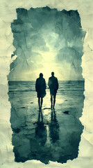 Fototapeta premium Two figures stand on a beach at sunset, silhouetted against a pale sky. Water reflects the figures