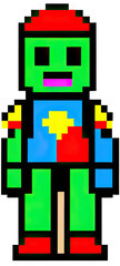 A retro-style pixel art rendering of a colorful, simplistic robot figure against black backdrop.