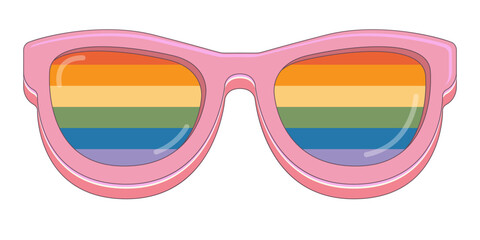 LGBT PINK sunglasses retro groovy hipster style with pride rainbow lens and white frame isolated on white background. Retro vintage Pride day, LGBT and LGBTQ sunglasses icon, sticker, poster and label