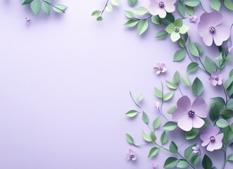 Fototapeta premium Beautiful arrangement of purple and green paper flowers and leaves on a light lavender background