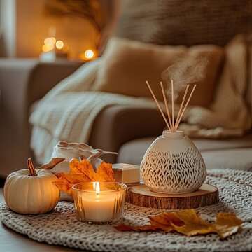 Cozy autumnal home decor  Scented candles, diffuser, and fall decor on a round knitted throw