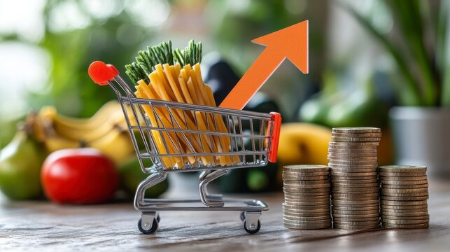 Rising Food Costs Miniature Shopping Cart with Pasta, Vegetables, and Coins