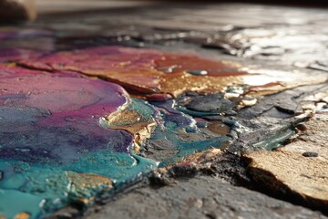 Naklejka premium Abstract Paint Pouring Blends Turquoise, Pink, and Gold Hues on Textured Surface for Visuals and Wallpapers