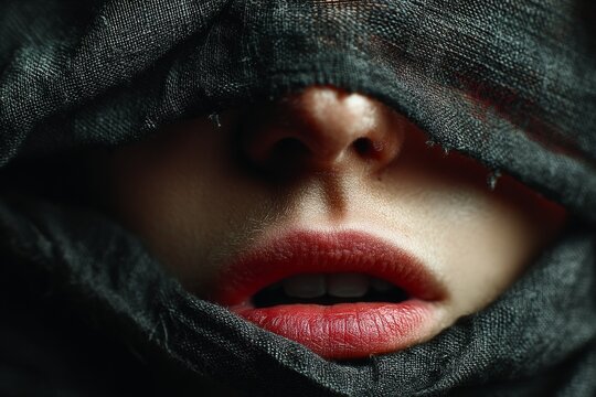 Striking closeup of a person with red lipstick and a black fabric veil partially covering the face and open mouth