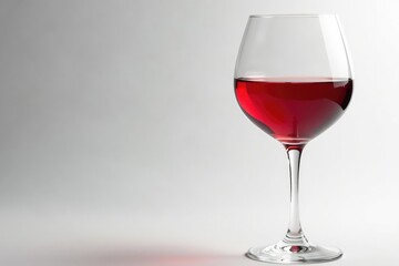 Single elegant red wine glass filled to the rim against white , copy space, bright