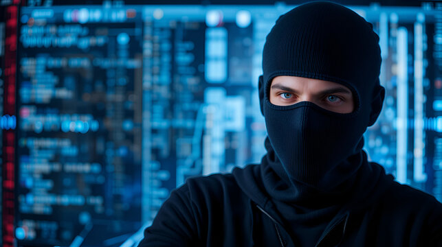 Man in black balaclava uses mobile phone. Face covered by mask. Cybercrime concept. Criminal on phone, fraud, scam. Threatening call, extortion, robbery, theft, financial crime. - Powered by Adobe