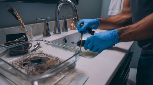 Plumber using drain snake to clear a clogged bathroom sink surrounded by tools and hair blockage