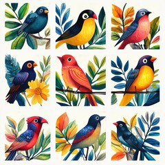 Colorful Birds and Botanical Elements in Vibrant Artwork Design