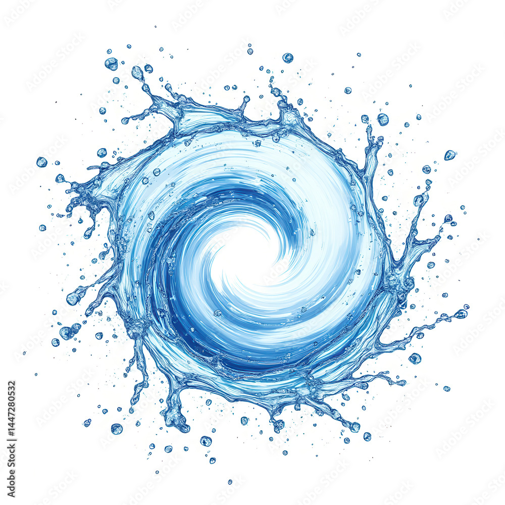 Poster a swirling blue water vortex with dynamic splashes radiating outward in a circular motion.
