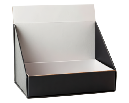 Black cardboard display box on a transparent background