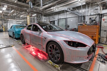 Modern electric car in testing phase showing wireframe on exterior in production facility next to a classic car.