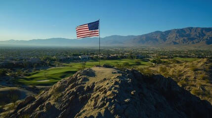 American Flag on Hilltop Overlooking Golf Course and Desert Landscape