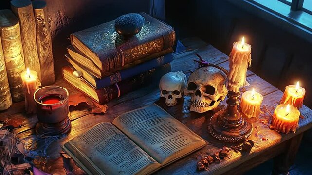 Intriguing tabletop arrangement with old books, skulls, candles, and a potion in a dimly lit room