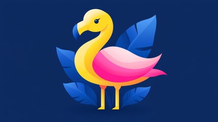 Fototapeta premium A visually appealing pixel art of a tropical flamingo with a golden body and pink wings against a background with blue tropical leaves art