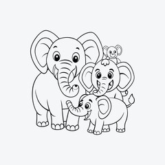 Funny Elephant Family Coloring Page Vector Drawing