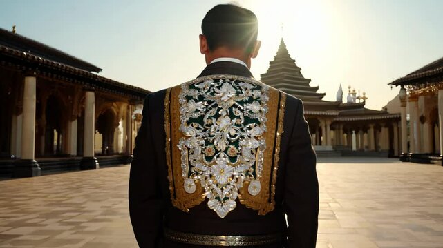 Dolly zoom in a wise 68-year-old asian man in a mexican charro suit walks confidently, facing the camera, the rim light outlines his silhouette
